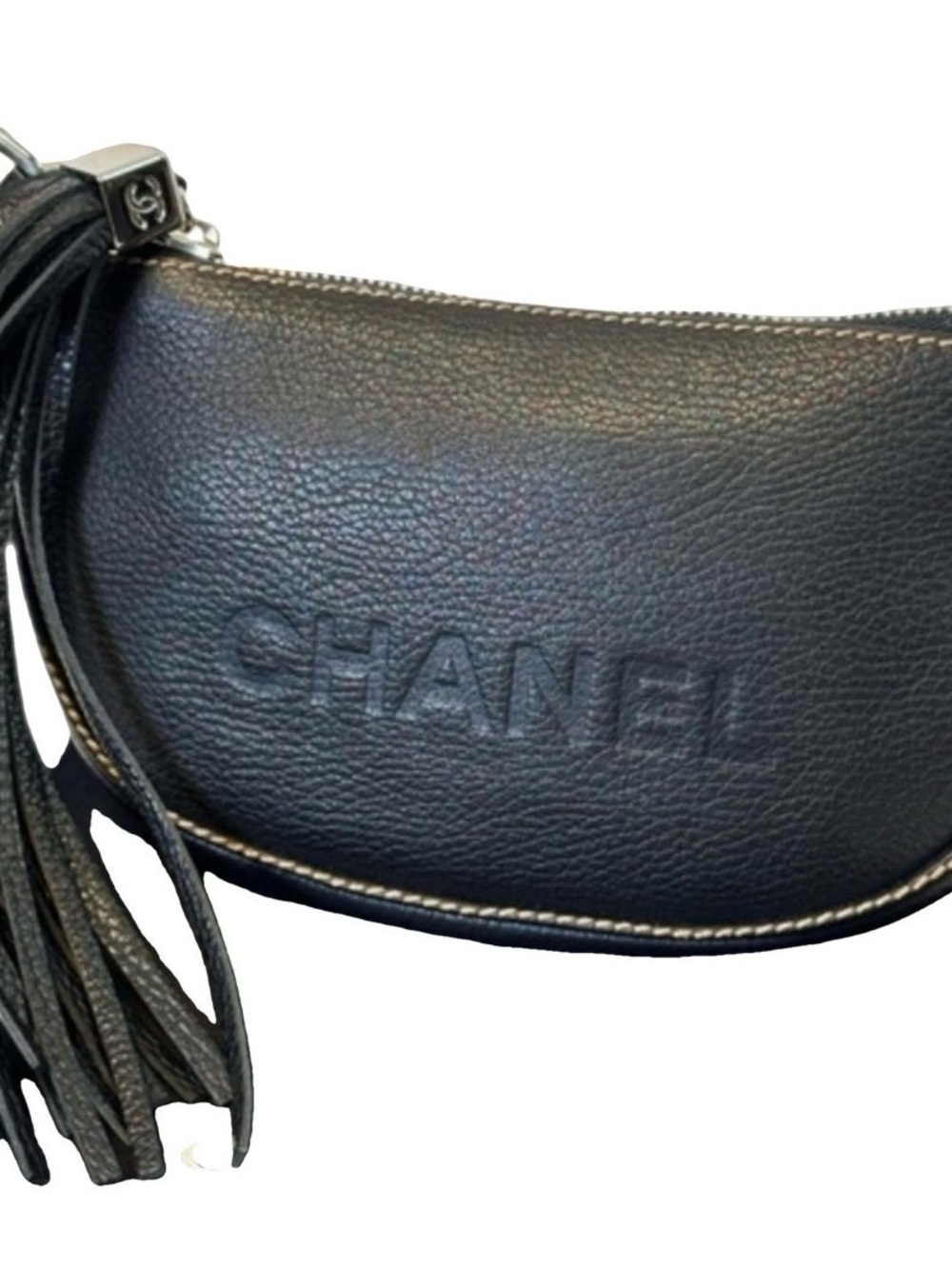 CHANEL Black Embossed Leather Tassel Hobo Bag